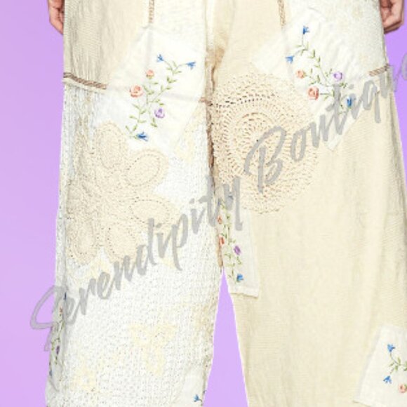 POL Doilies & Daisies Embroidered Soft Quilted Gauze Boho Wide Leg Pants. - Picture 6 of 11